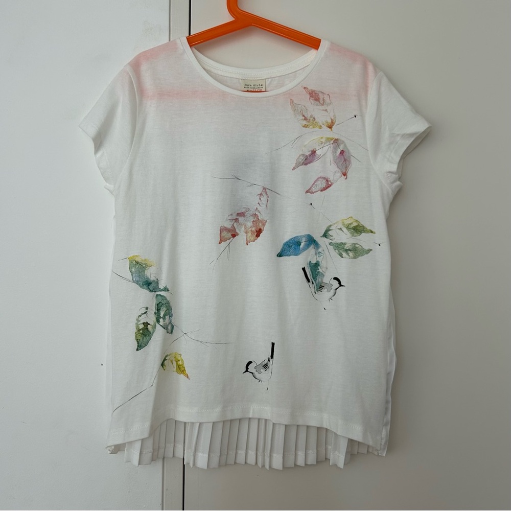 BNWT Zara Girls 11/12 White Tshirt with Pleated Back & Metallic Bird Accents
